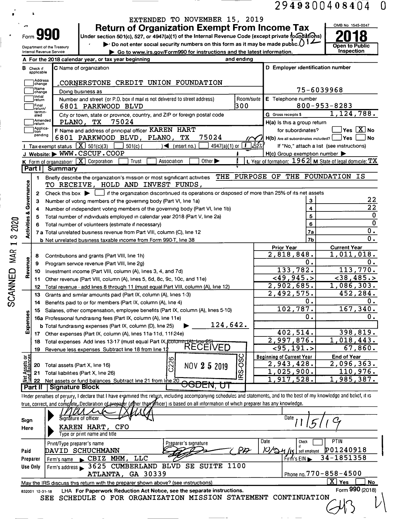 Image of first page of 2018 Form 990 for Cornerstone Credit Union Foundation