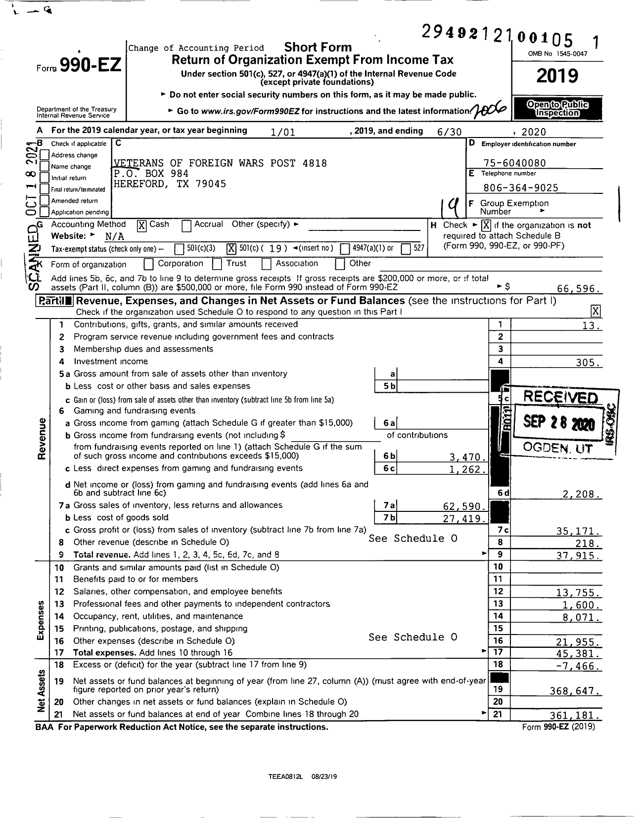 Image of first page of 2019 Form 990EO for Texas VFW - 4818 Roy Wederbrook