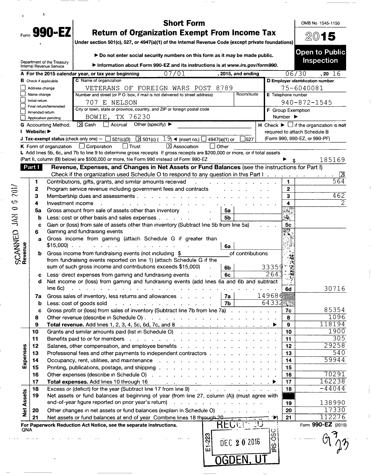 Image of first page of 2015 Form 990EO for Texas VFW - 8789 Reddy Mcclellan
