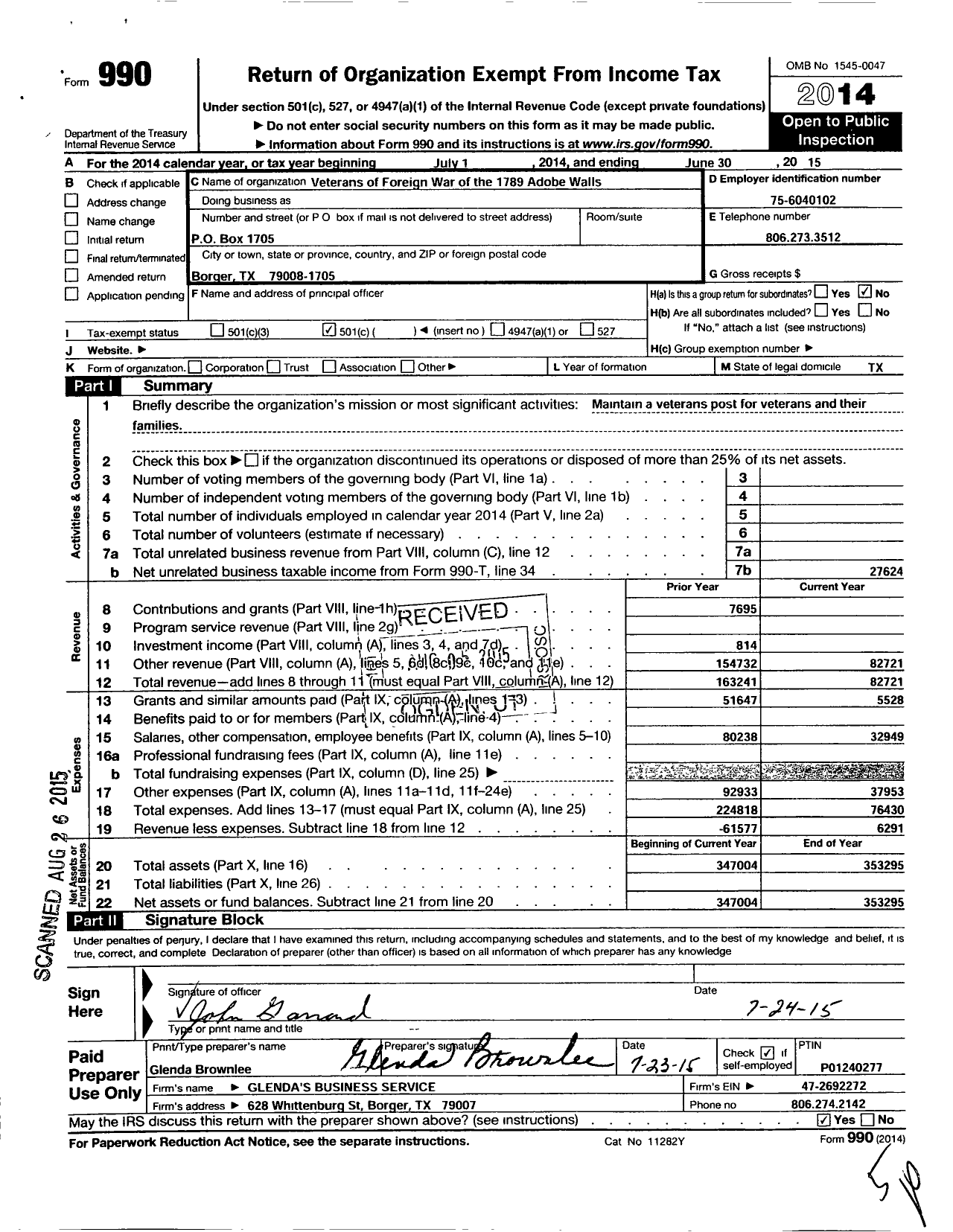 Image of first page of 2014 Form 990O for Texas VFW - 1789 Adobe Walls