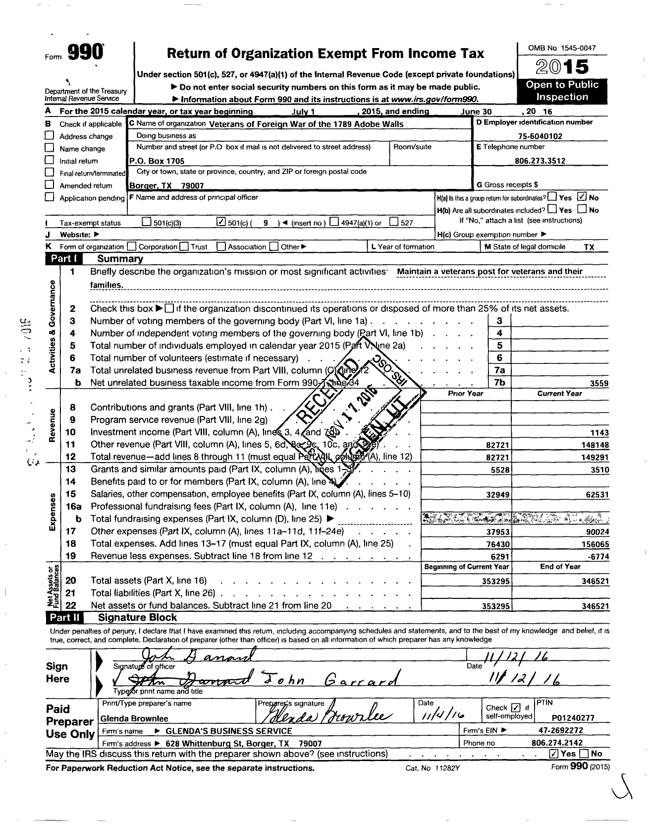 Image of first page of 2015 Form 990O for Texas VFW - 1789 Adobe Walls