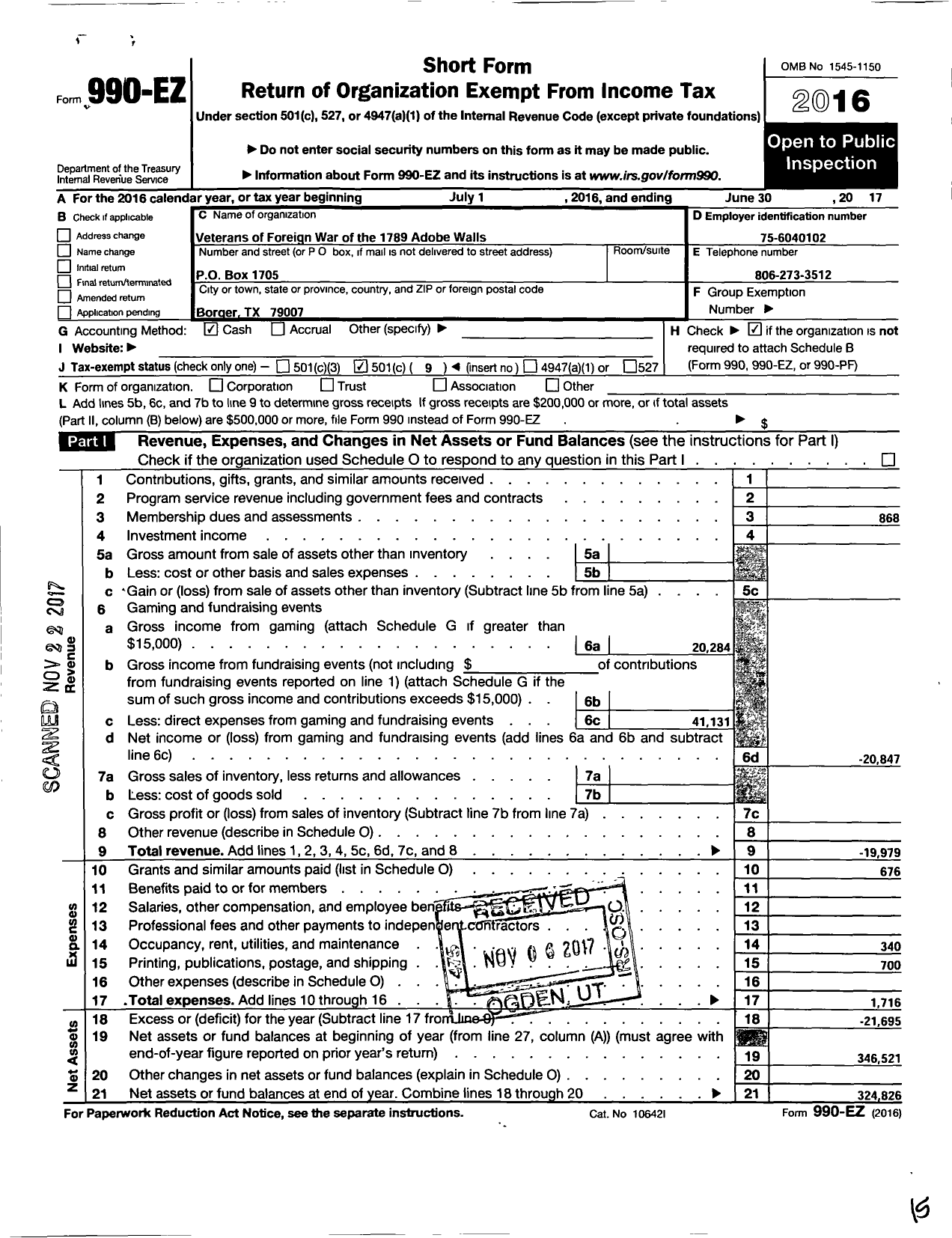 Image of first page of 2016 Form 990EO for Texas VFW - 1789 Adobe Walls