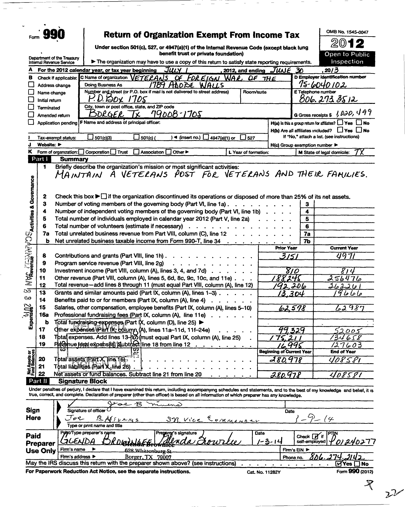 Image of first page of 2012 Form 990O for Texas VFW - 1789 Adobe Walls