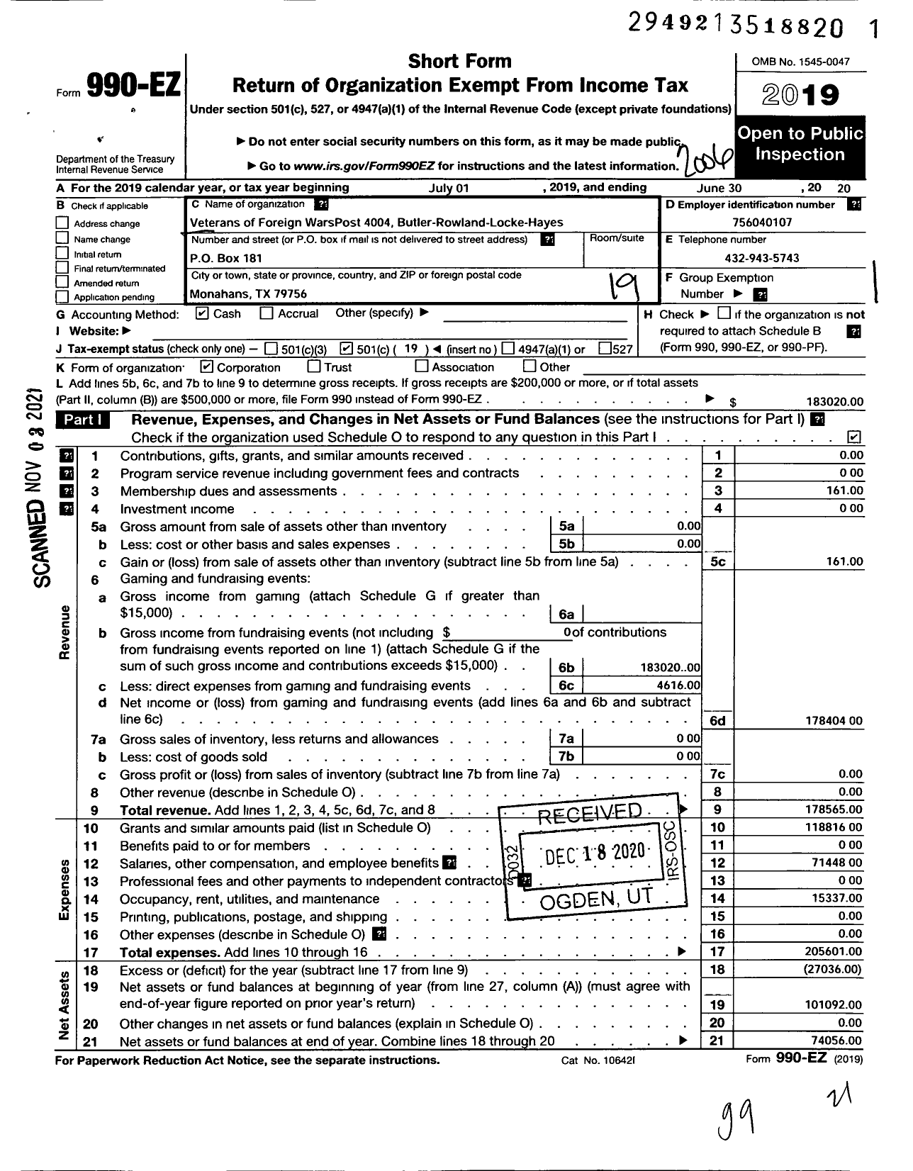 Image of first page of 2019 Form 990EO for Texas VFW - Butler Rowland Locke Hayes