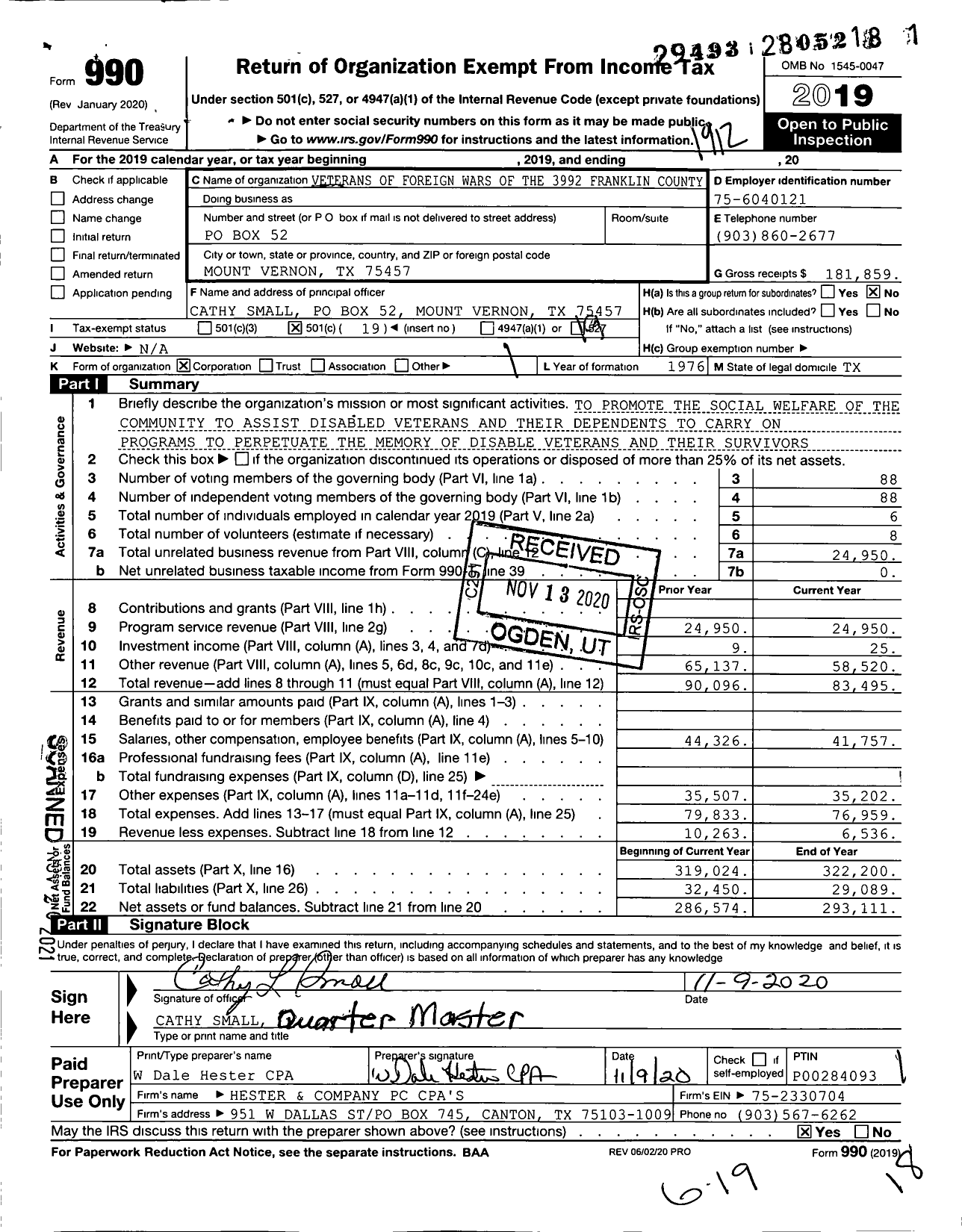 Image of first page of 2019 Form 990O for Texas VFW - 3992 Franklin County