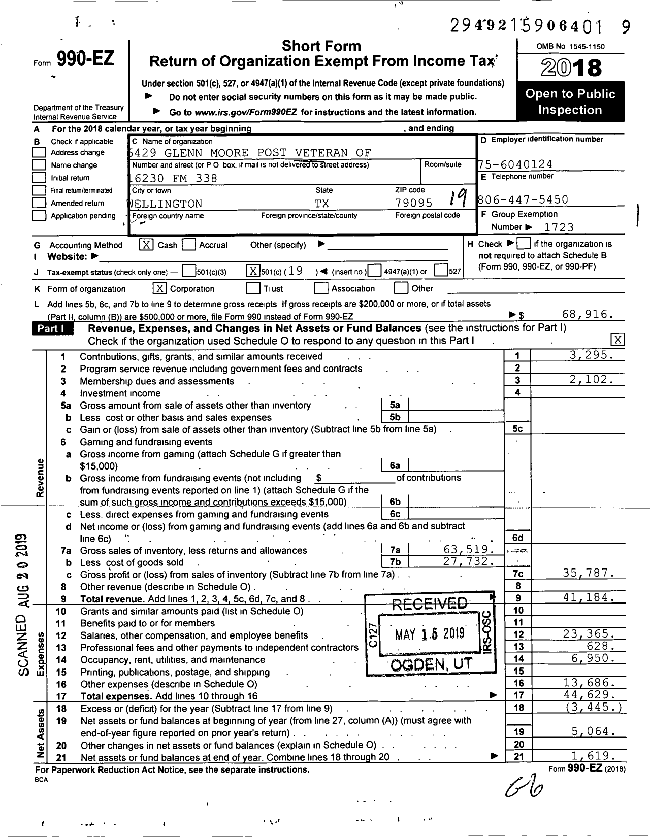 Image of first page of 2018 Form 990EO for Texas VFW - 6439 Glynn Moore Post