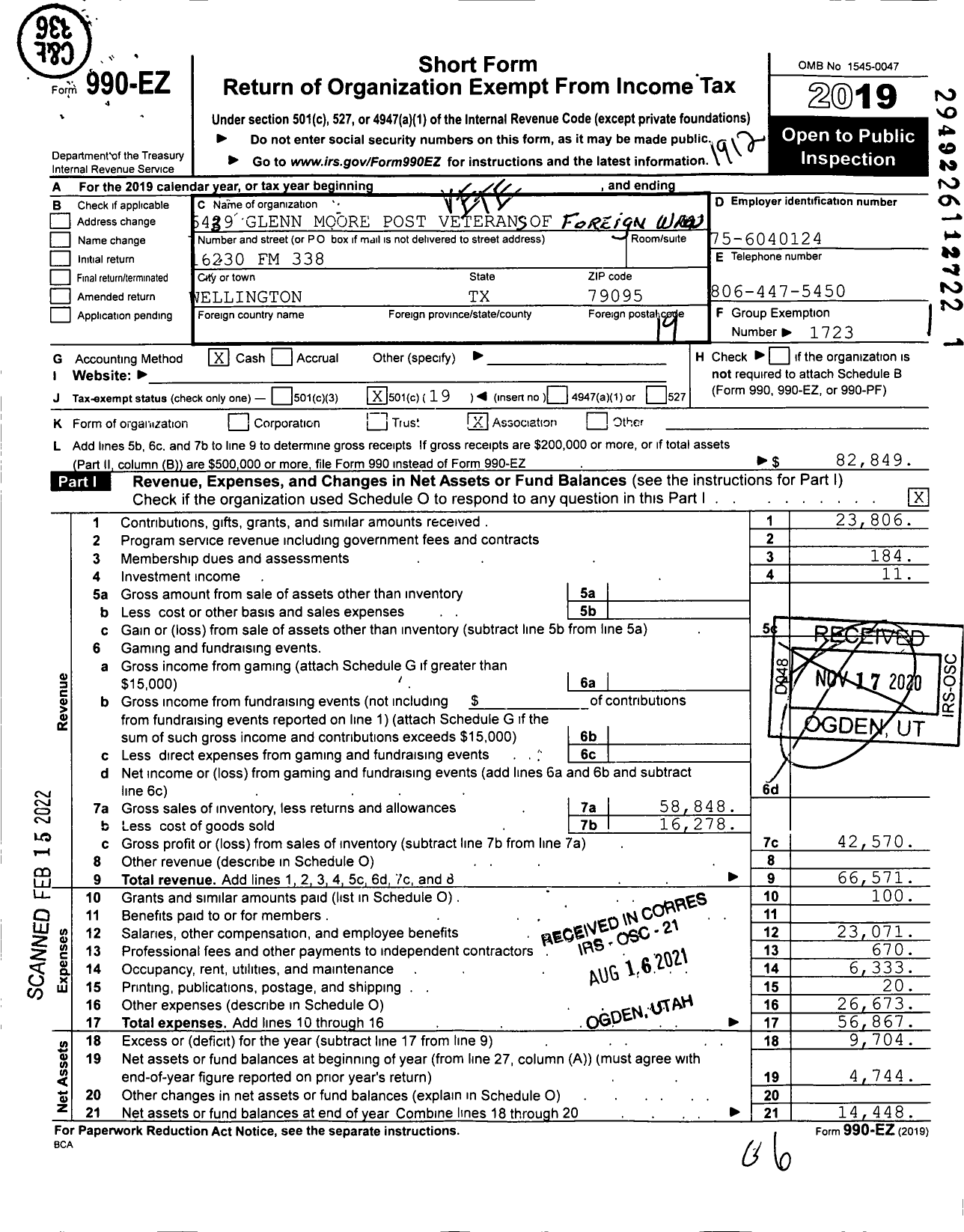 Image of first page of 2019 Form 990EO for Texas VFW - 6439 Glynn Moore Post