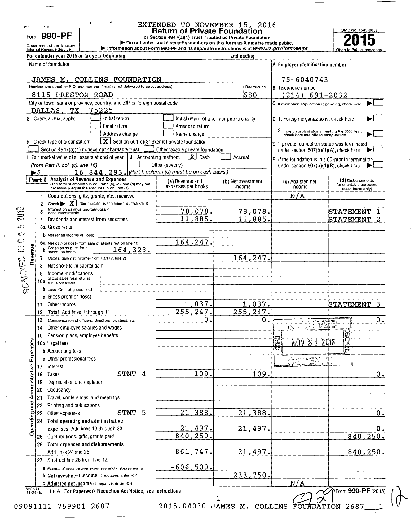 Image of first page of 2015 Form 990PF for James M Collins Foundation