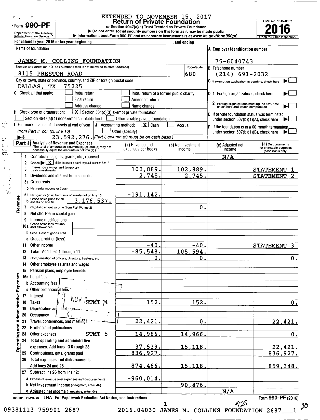 Image of first page of 2016 Form 990PF for James M Collins Foundation