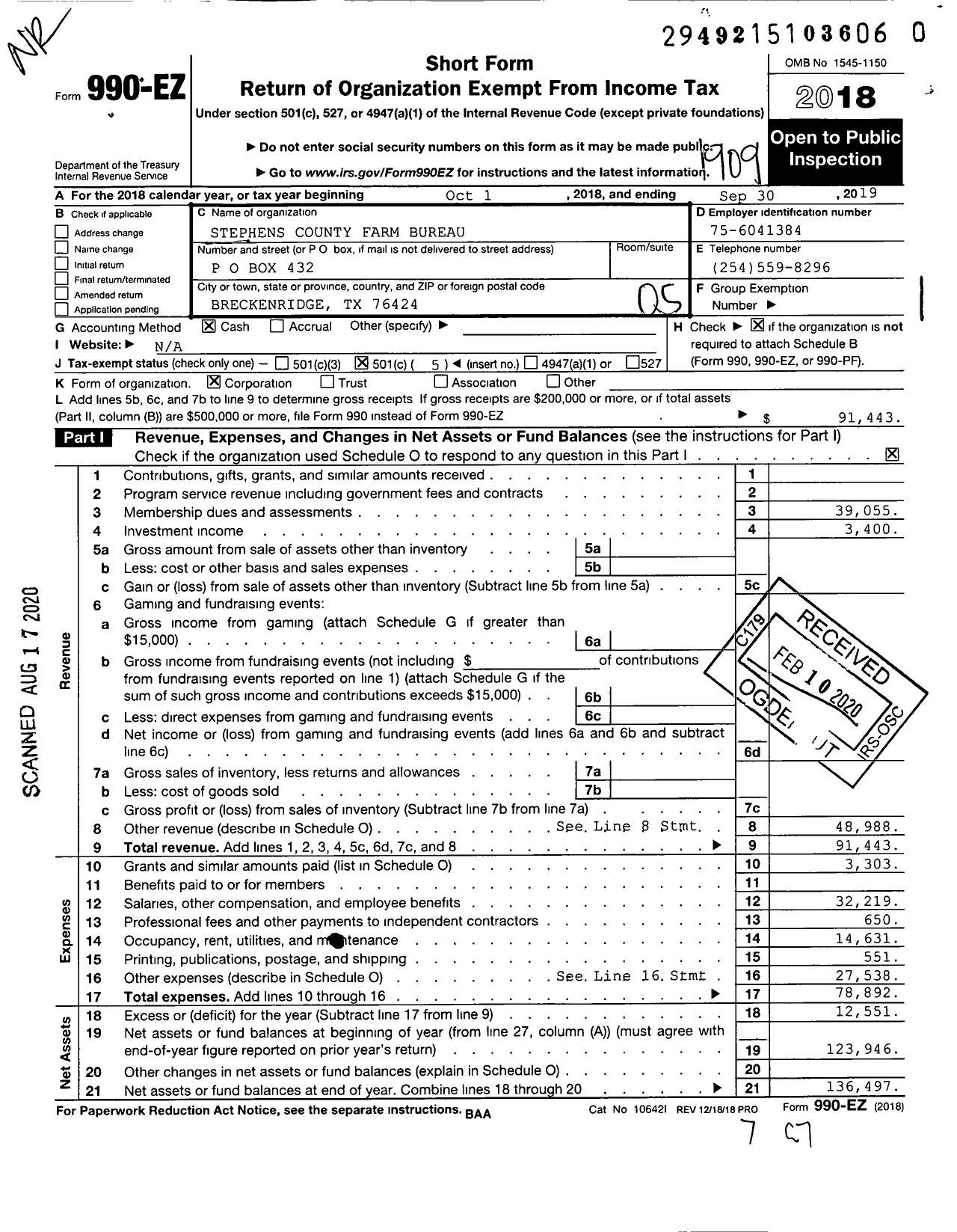 Image of first page of 2018 Form 990EO for Stephens County Farm Bureau