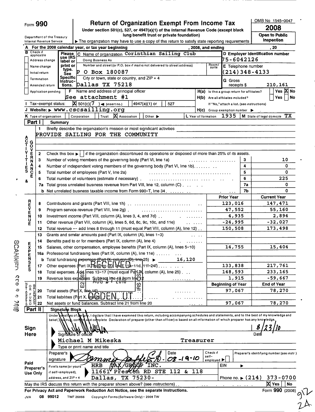 Image of first page of 2008 Form 990O for Corinthian Sailing Club