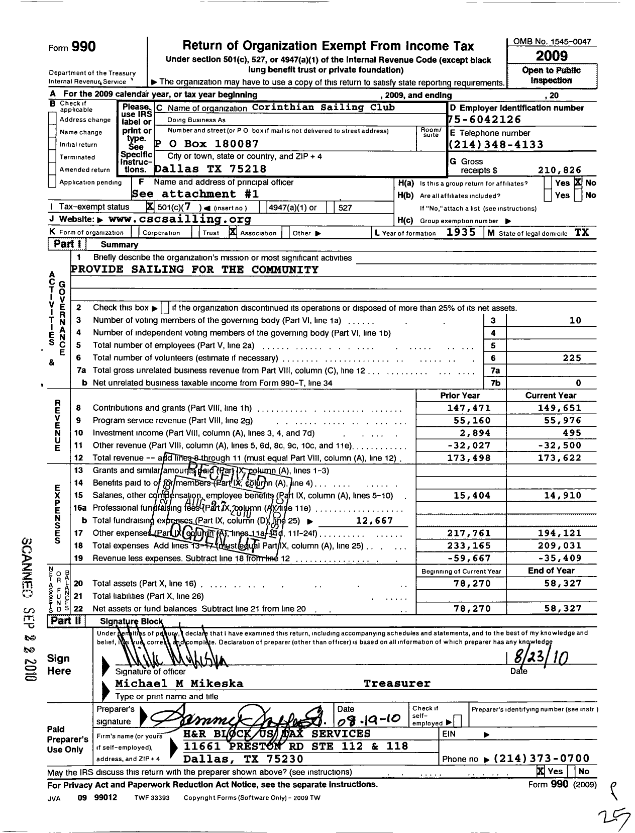 Image of first page of 2009 Form 990O for Corinthian Sailing Club