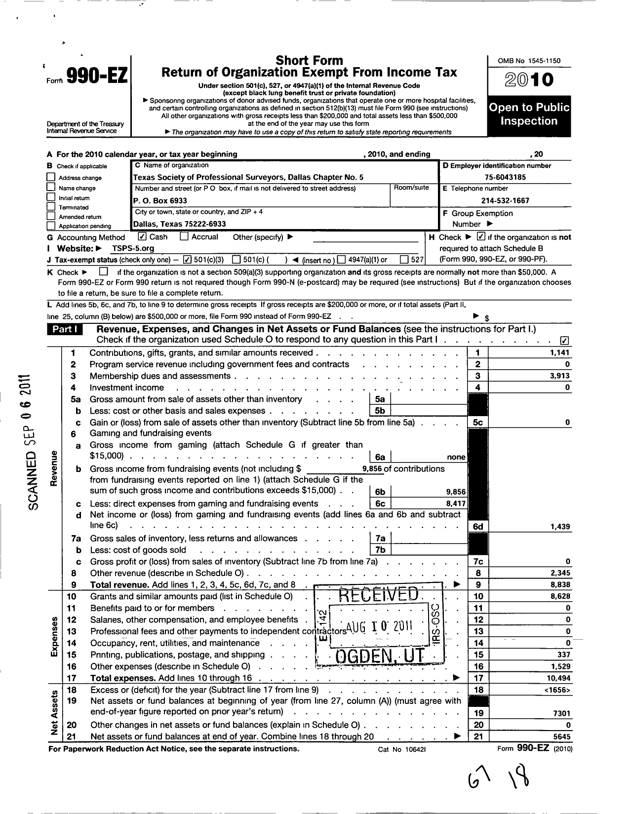 Image of first page of 2010 Form 990EZ for Texas Society of Professional Surveyors - 5 Dallas