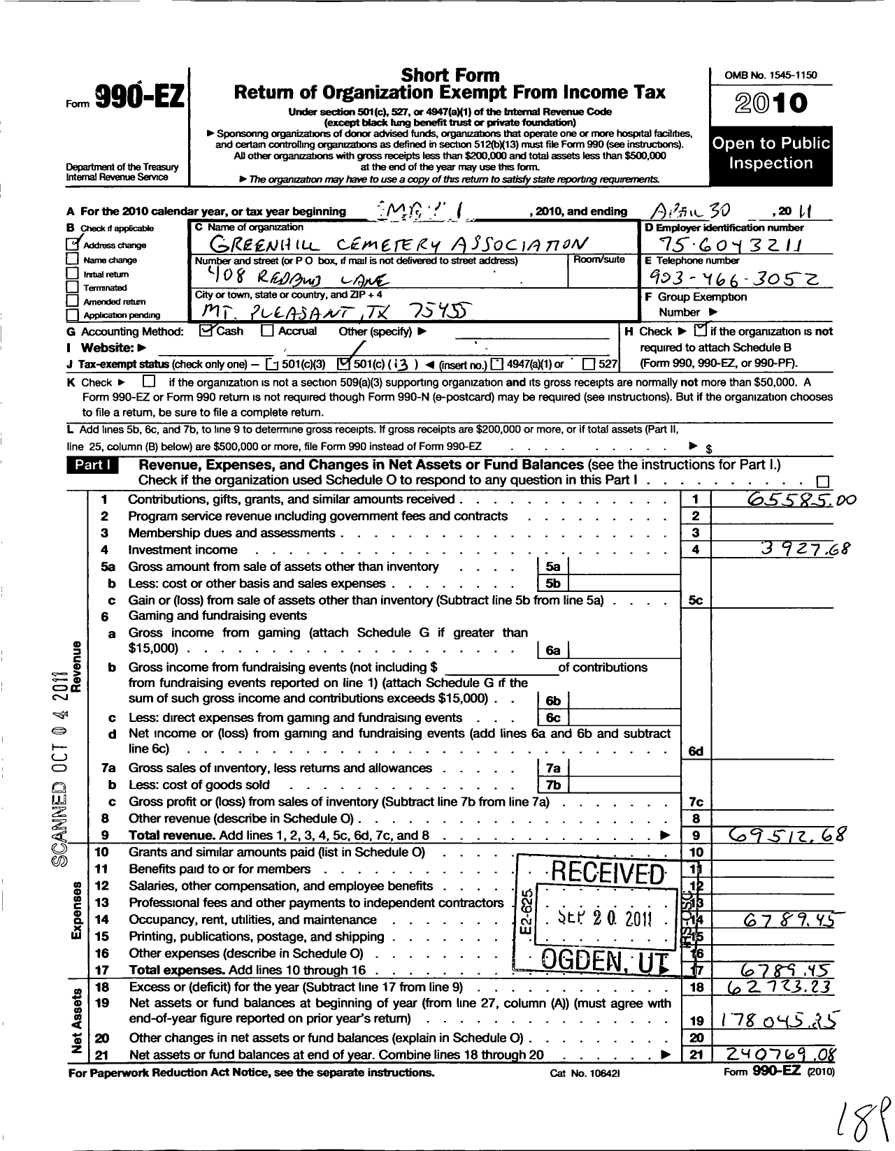 Image of first page of 2010 Form 990EO for Green Hill Cemetery Association