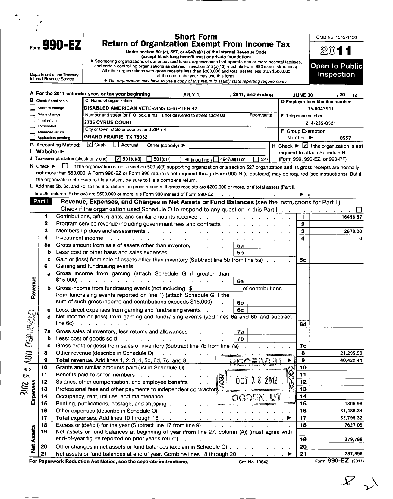 Image of first page of 2011 Form 990EZ for Disabled American Veterans - 42 Grand Prairie