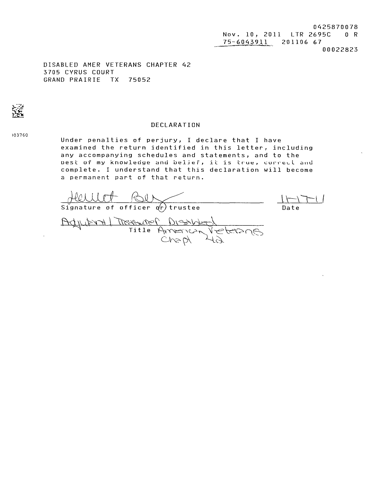 Image of first page of 2010 Form 990EOR for Disabled American Veterans - 42 Grand Prairie
