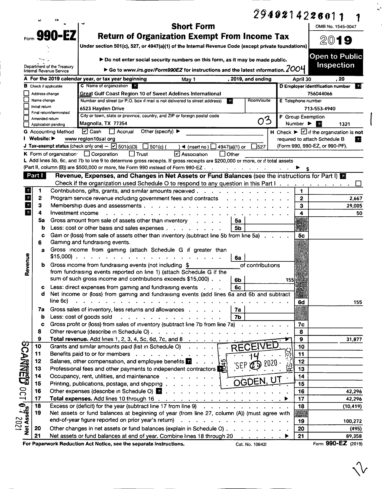 Image of first page of 2019 Form 990EZ for Sweet Adelines International - Great Gulf Coast Region 10