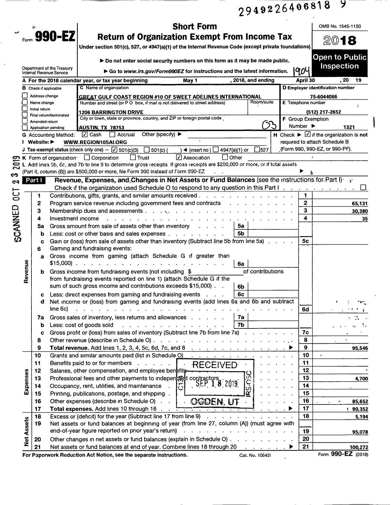 Image of first page of 2018 Form 990EZ for Sweet Adelines International - Great Gulf Coast Region 10