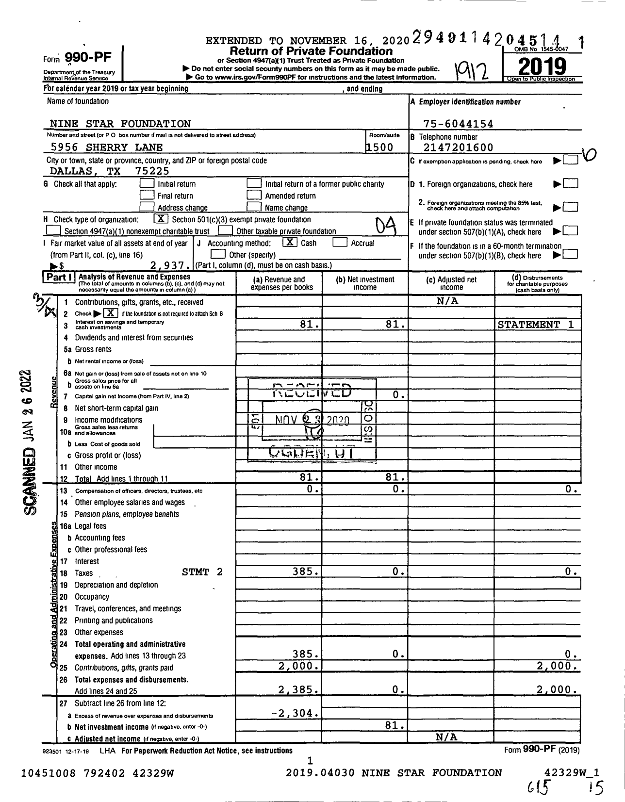 Image of first page of 2019 Form 990PF for Nine Star Foundation