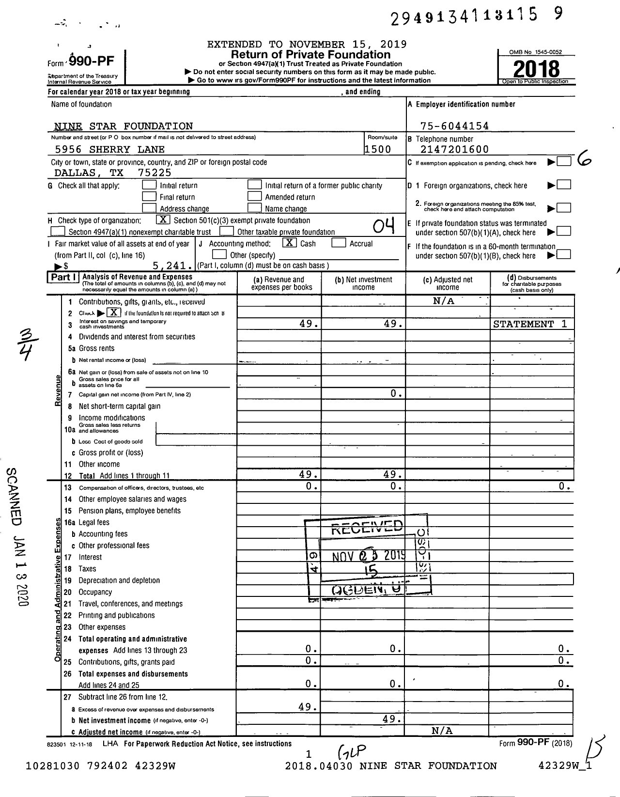 Image of first page of 2018 Form 990PF for Nine Star Foundation