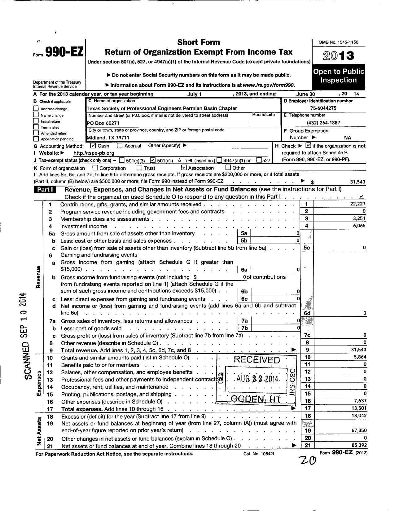 Image of first page of 2013 Form 990EO for Texas Society of Professional Engin eers Permian Basin