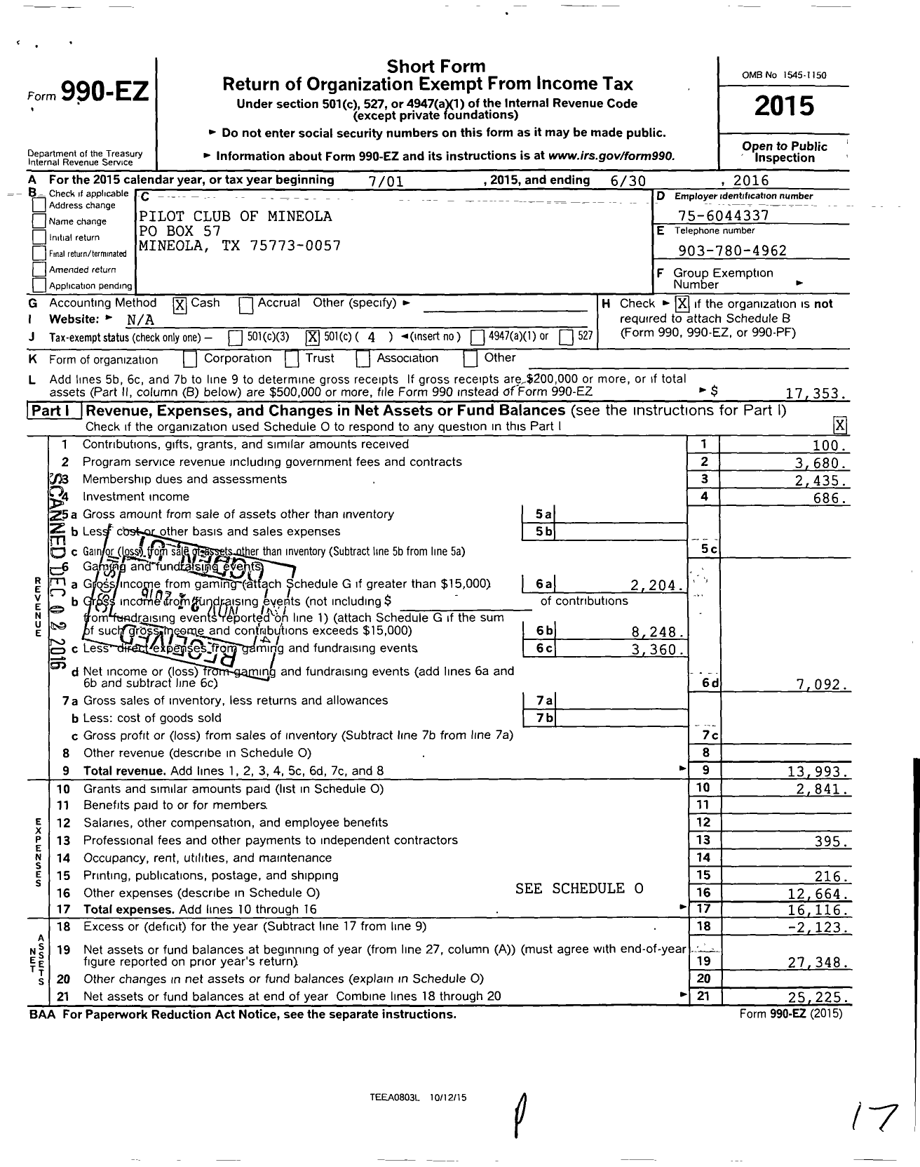 Image of first page of 2015 Form 990EO for Pilot Club International / Pilot Club of Mineola