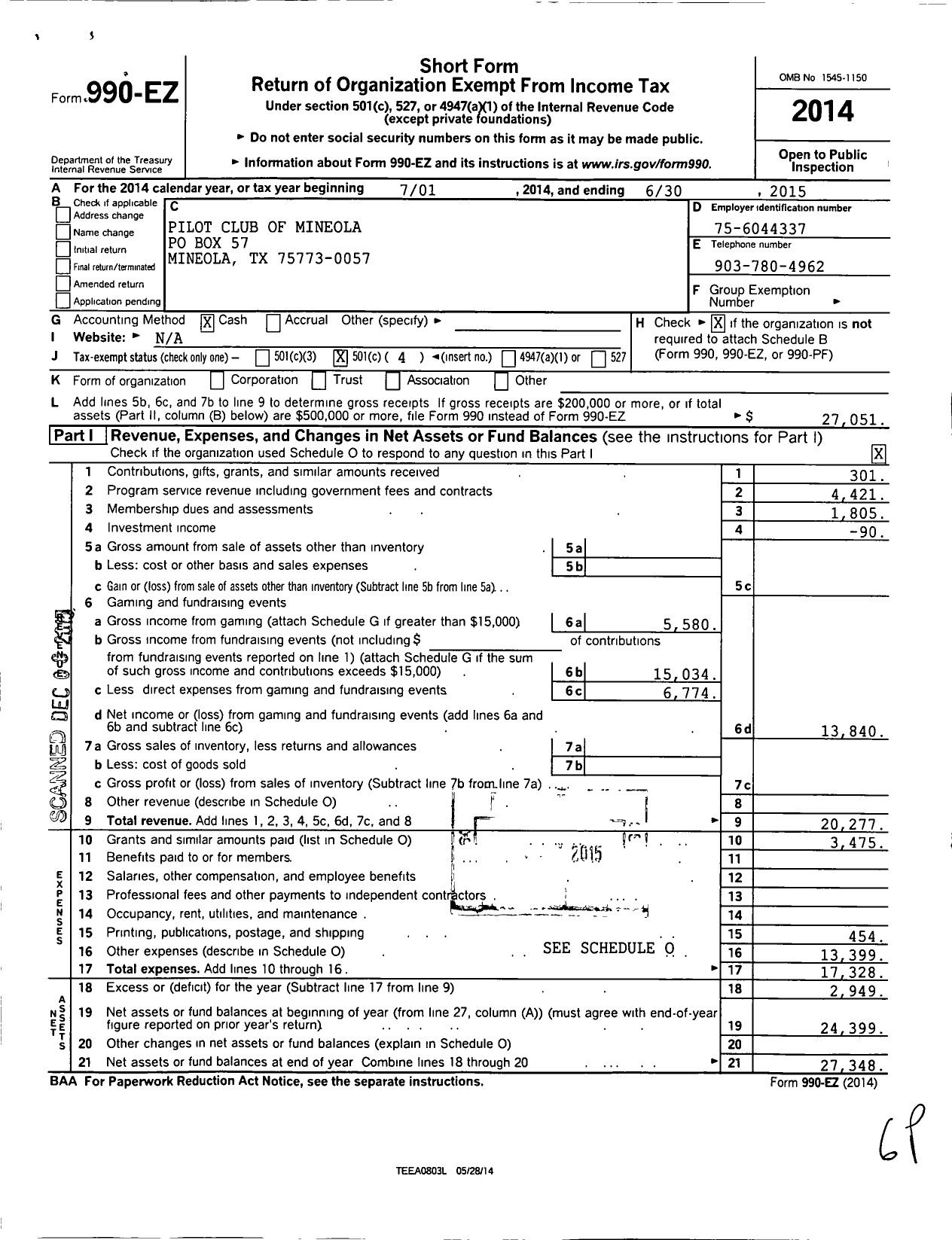 Image of first page of 2014 Form 990EO for Pilot Club International / Pilot Club of Mineola