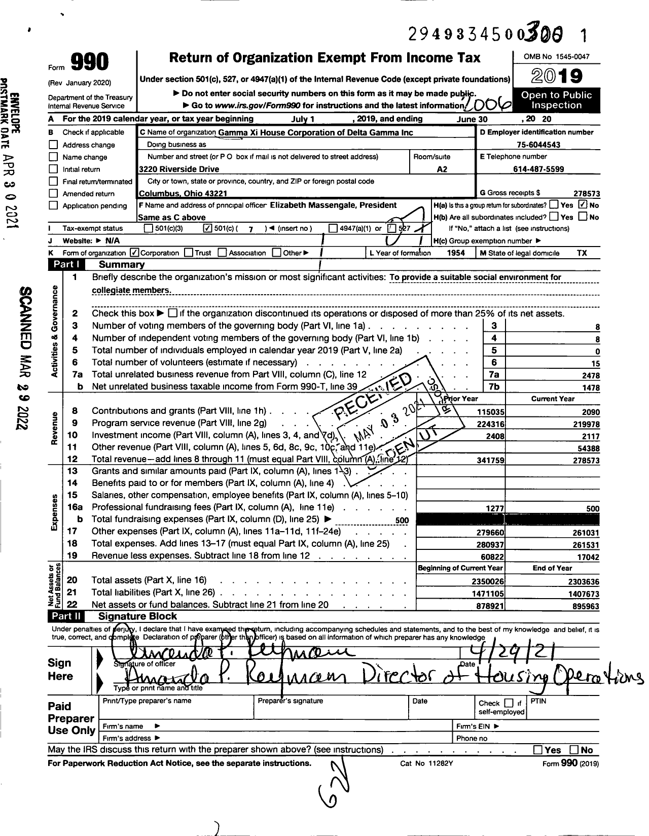 Image of first page of 2019 Form 990O for Gamma Xi House Corporation of Delta Gamma