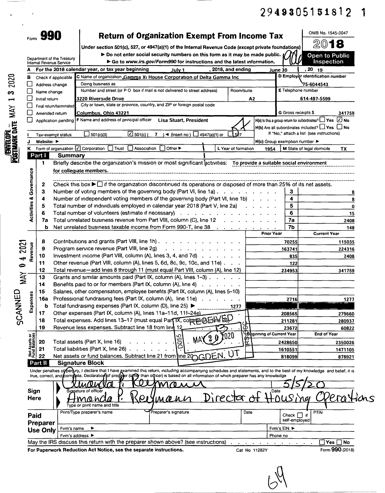 Image of first page of 2018 Form 990O for Gamma Xi House Corporation of Delta Gamma