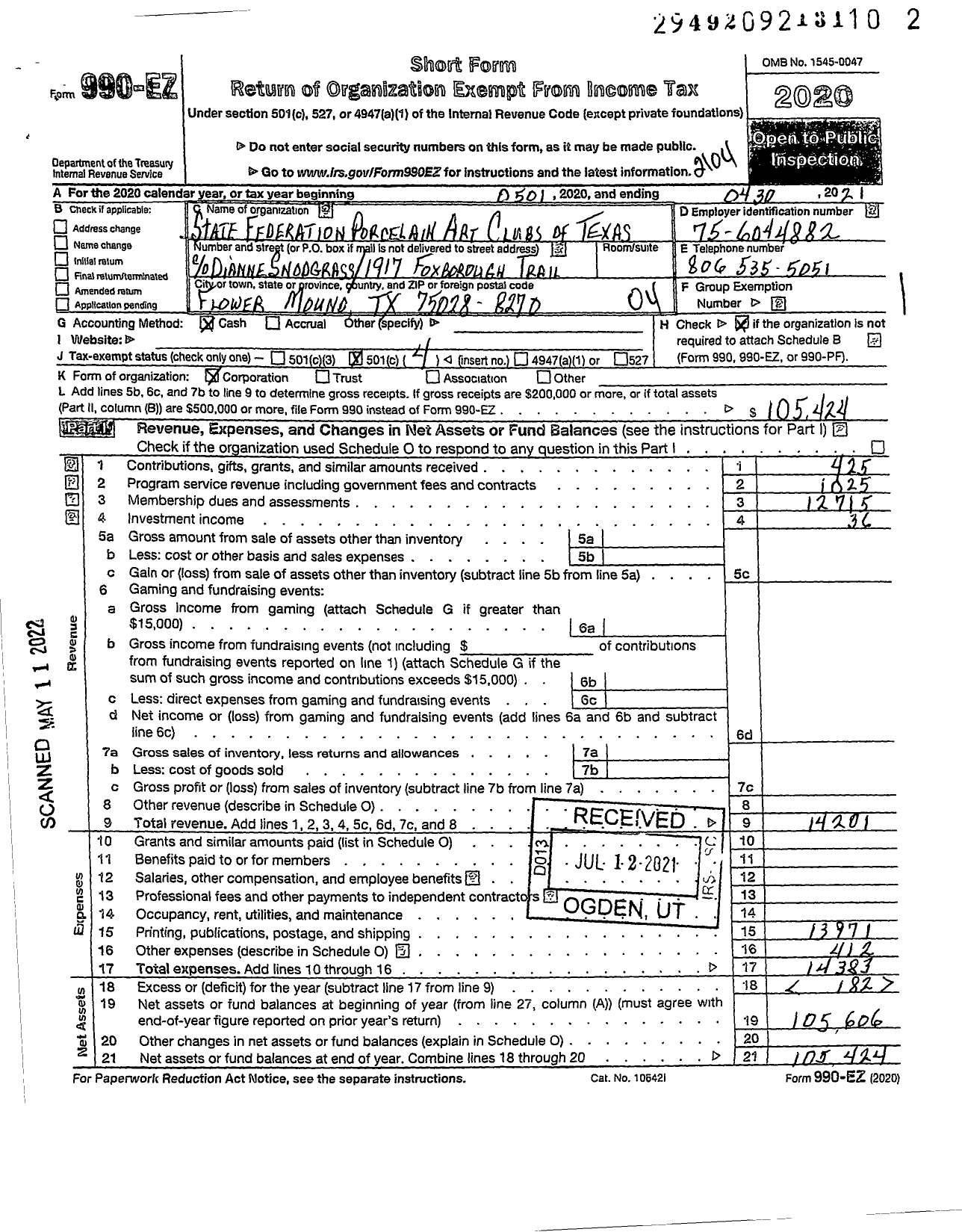 Image of first page of 2020 Form 990EO for State Federation of Porcelain Art Clubs of Texas