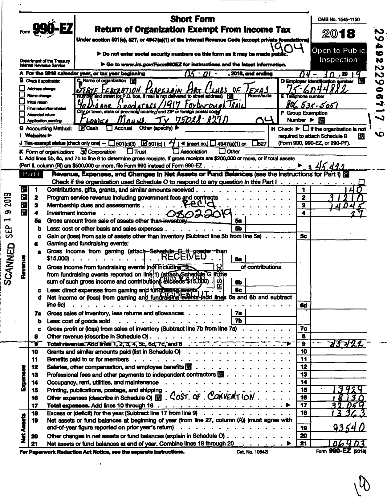 Image of first page of 2018 Form 990EO for State Federation of Porcelain Art Clubs of Texas