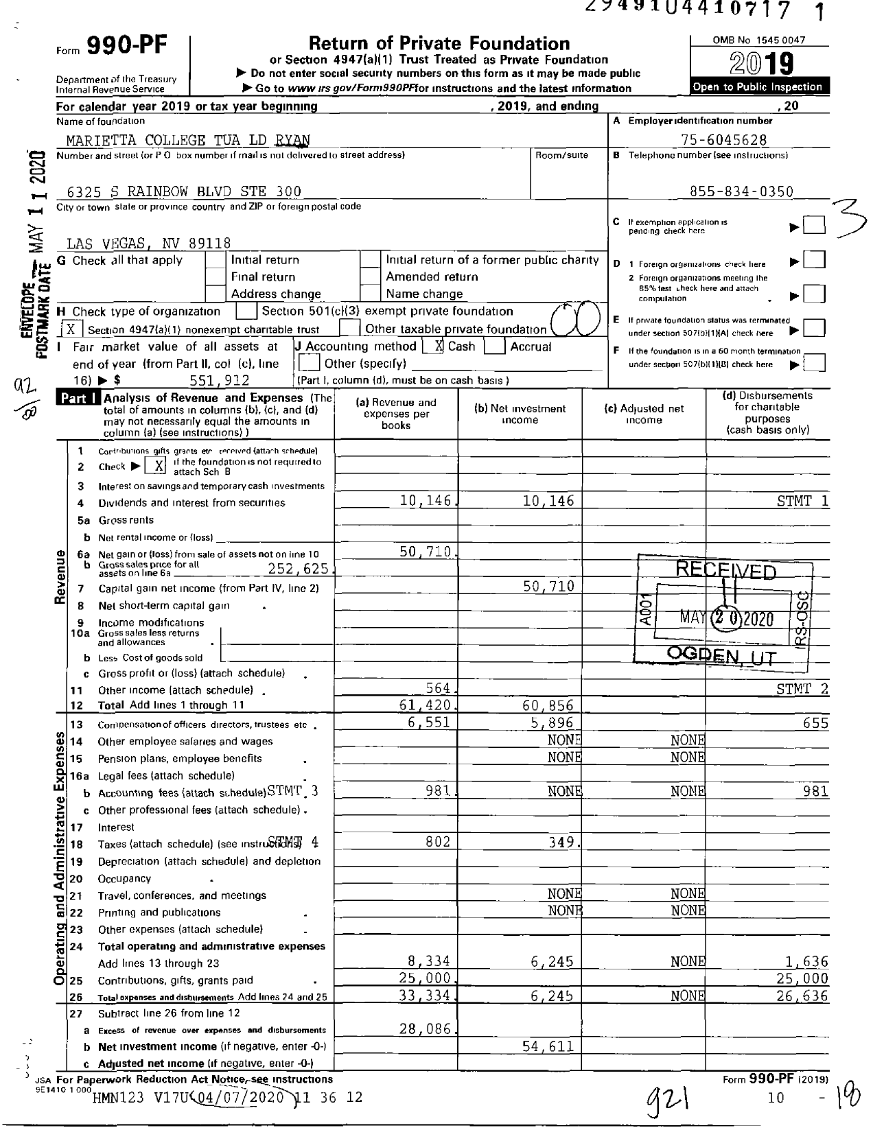 Image of first page of 2019 Form 990PF for Marietta College Tua LD Ryan