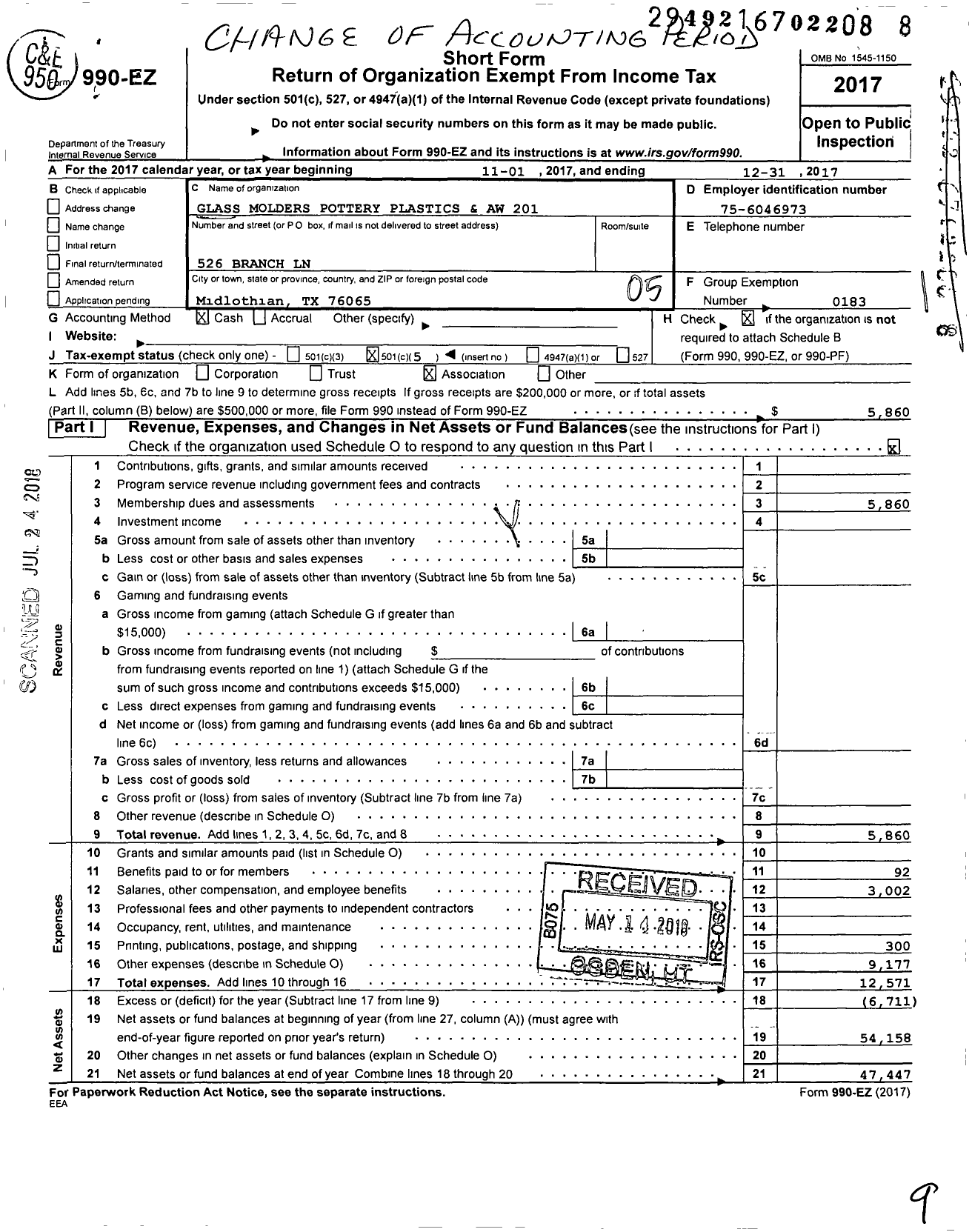 Image of first page of 2017 Form 990EO for United Steelworkers - 00201m Local