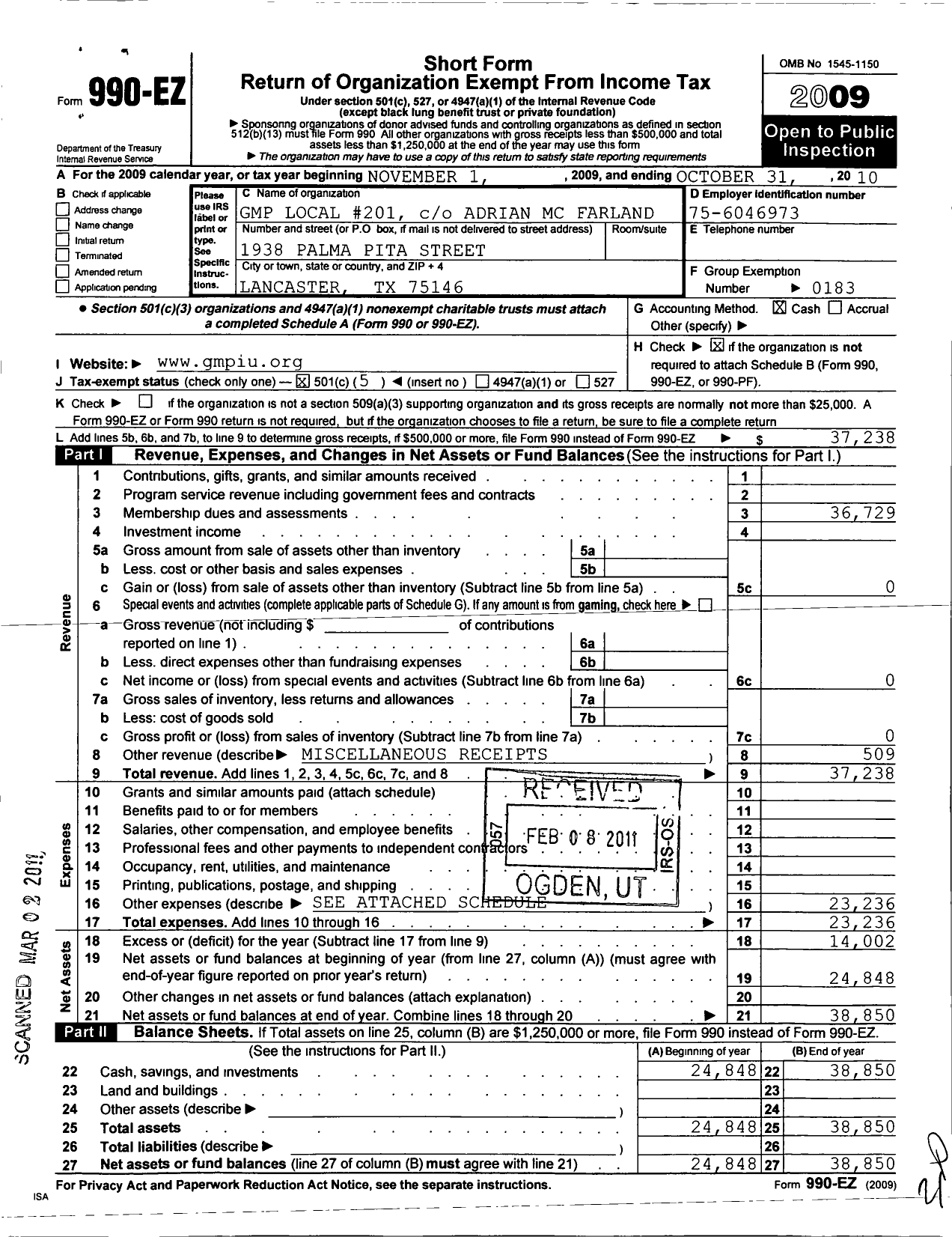 Image of first page of 2009 Form 990EO for United Steelworkers - 00201m Local