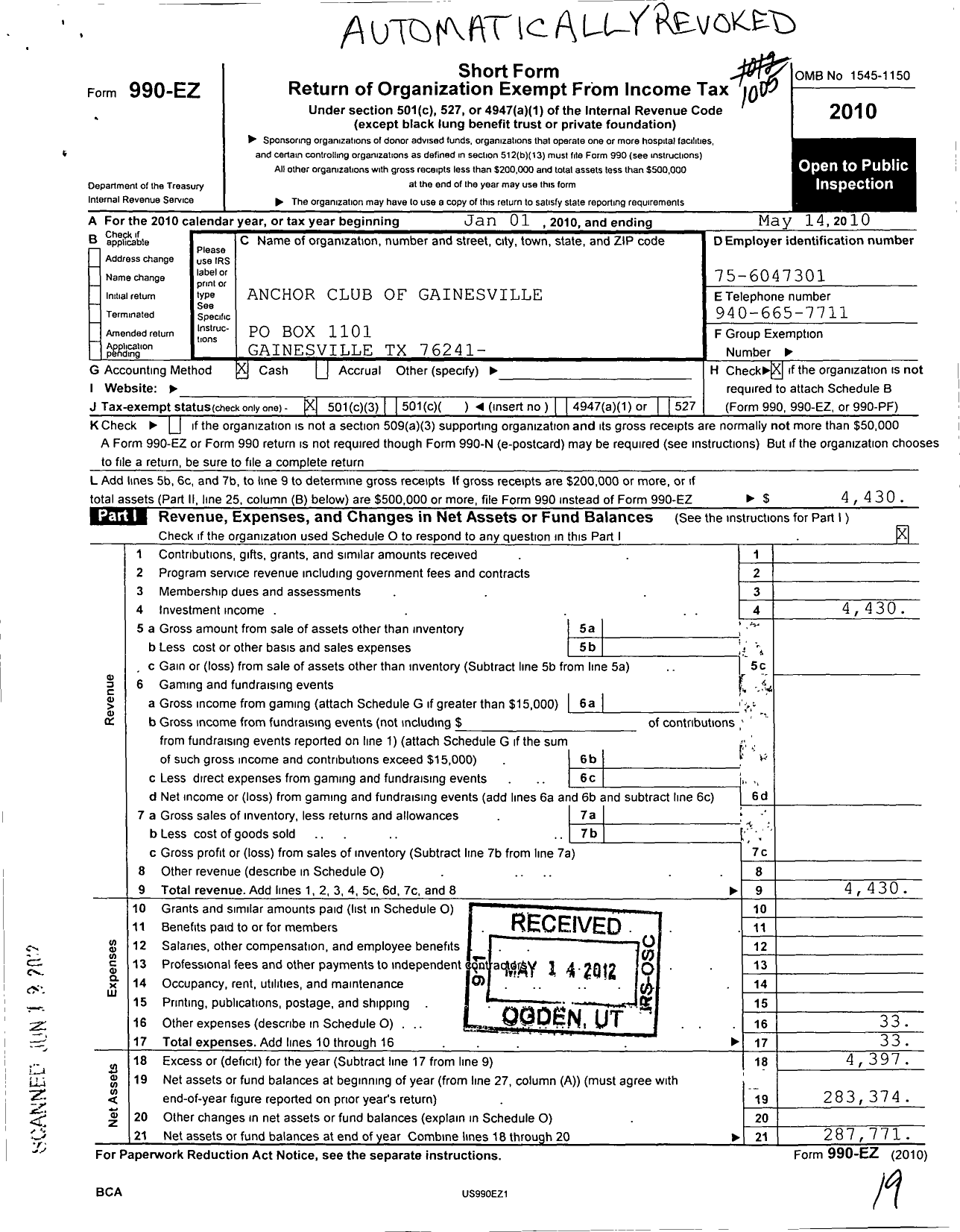 Image of first page of 2009 Form 990EZ for Alcoholics Anonymous Anchor Club of Gainesville