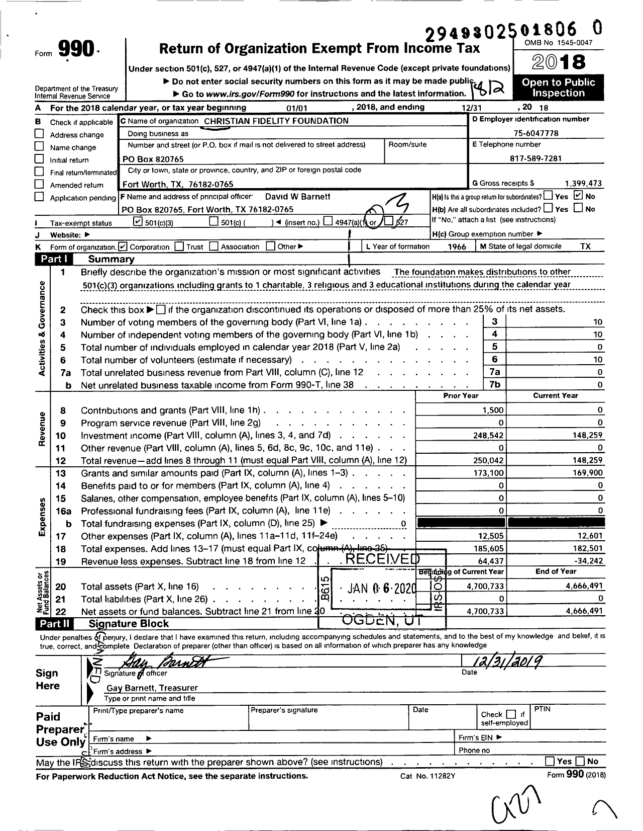 Image of first page of 2018 Form 990 for Christian Fidelity Foundation