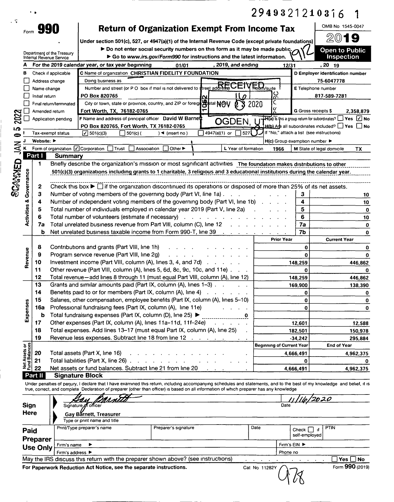 Image of first page of 2019 Form 990 for Christian Fidelity Foundation