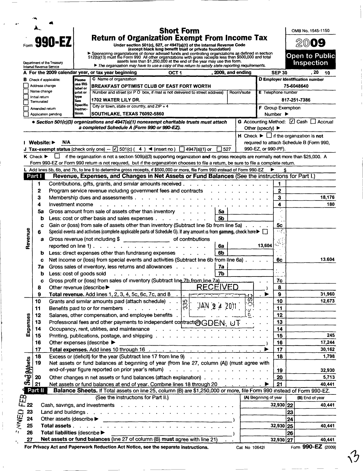 Image of first page of 2009 Form 990EO for Optimist International - 38045 Opti Club of Fort Worth-Ne TX