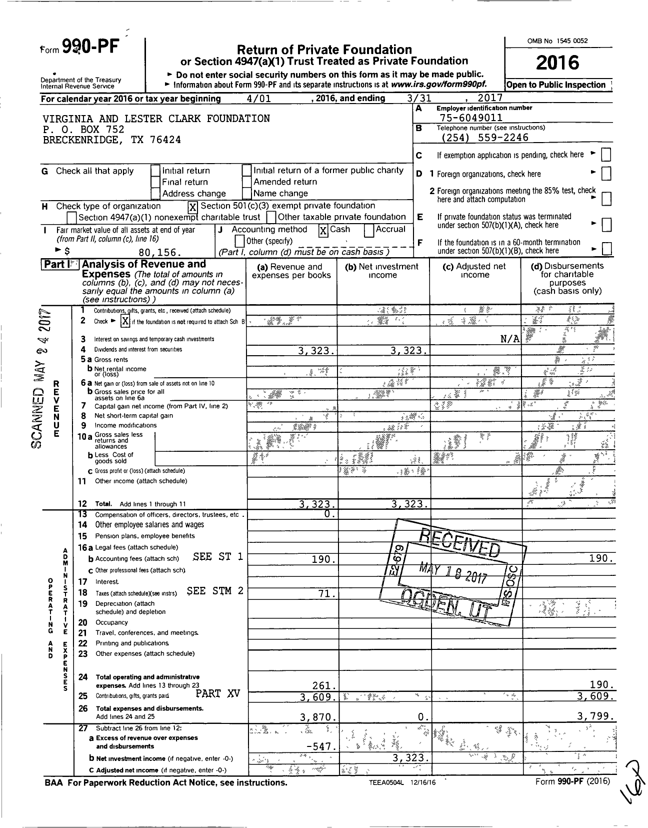 Image of first page of 2016 Form 990PF for Virginia and Lester Clark Foundation