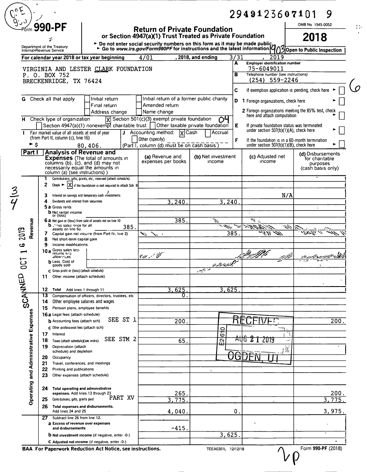Image of first page of 2018 Form 990PF for Virginia and Lester Clark Foundation