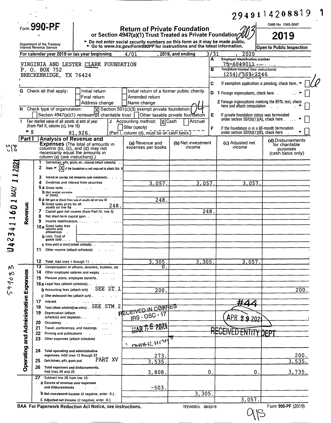Image of first page of 2019 Form 990PF for Virginia and Lester Clark Foundation