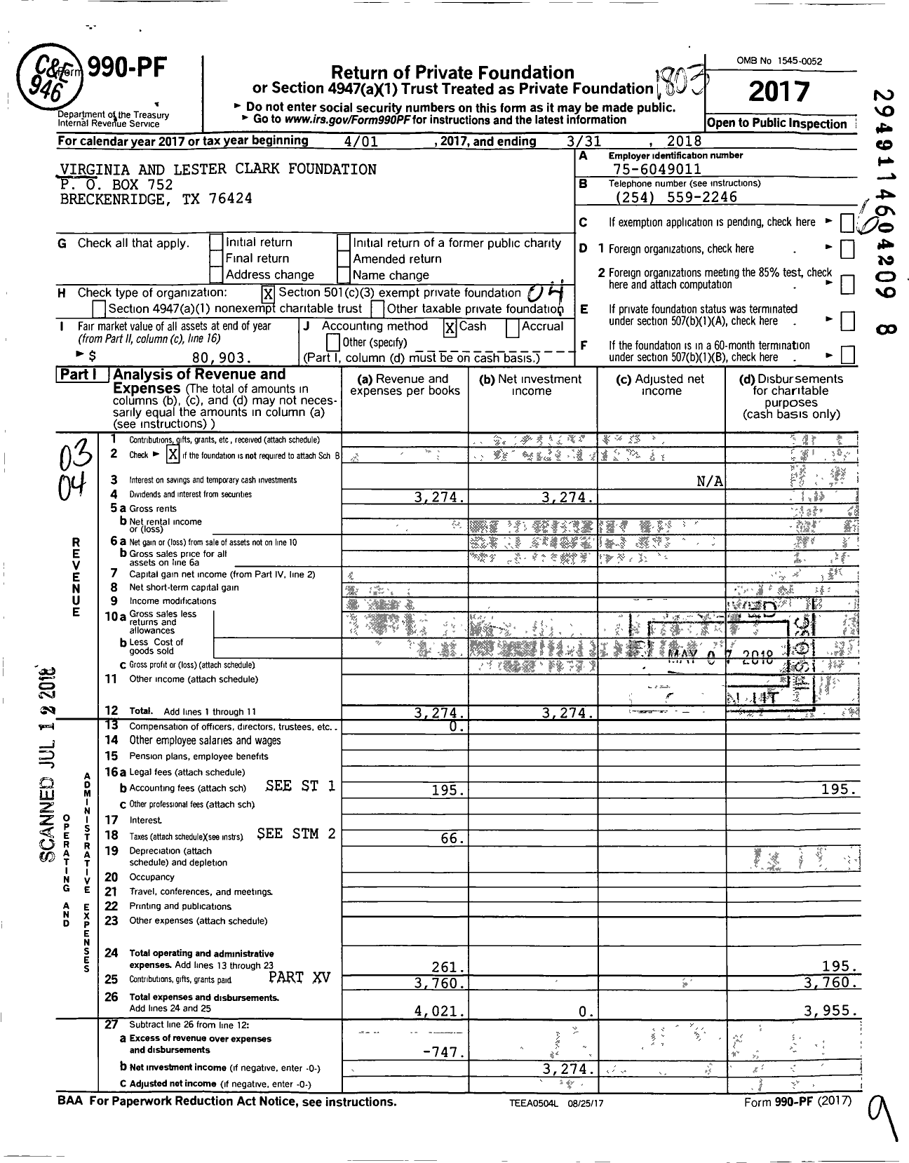 Image of first page of 2017 Form 990PF for Virginia and Lester Clark Foundation