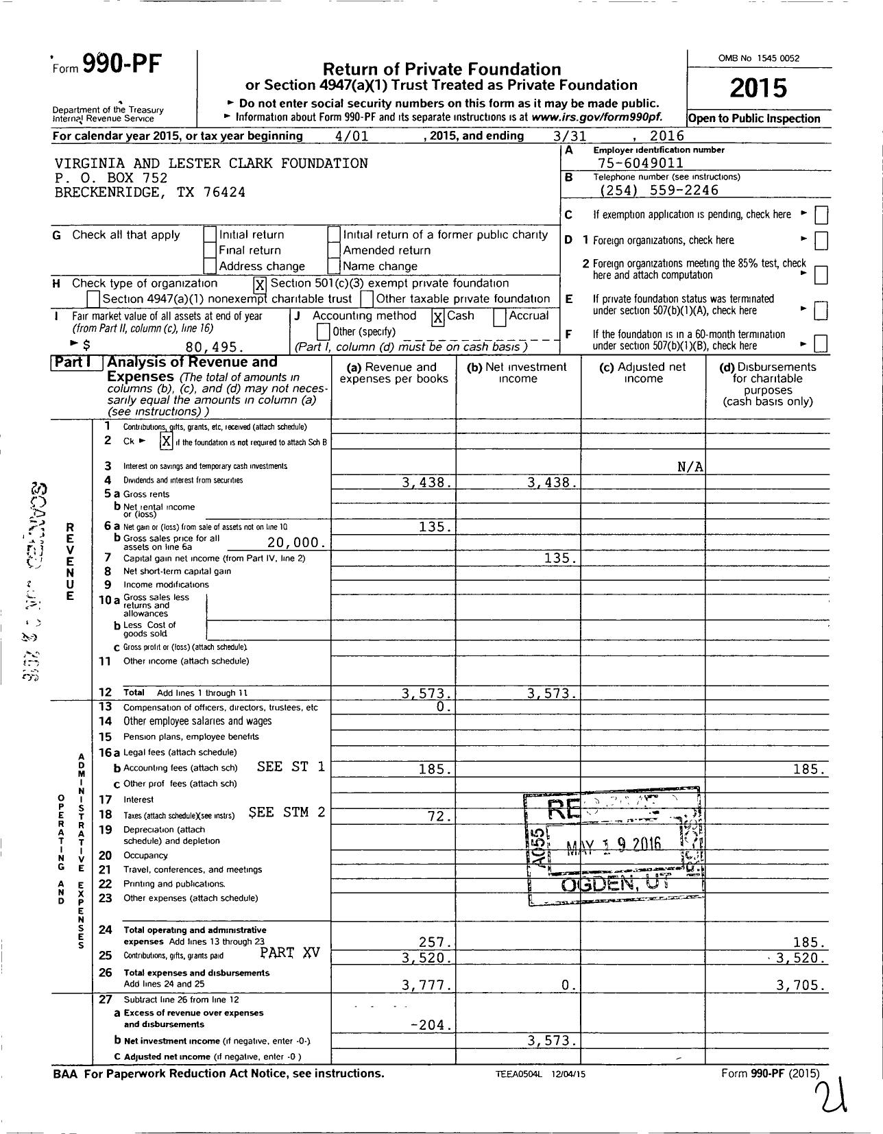 Image of first page of 2015 Form 990PF for Virginia and Lester Clark Foundation