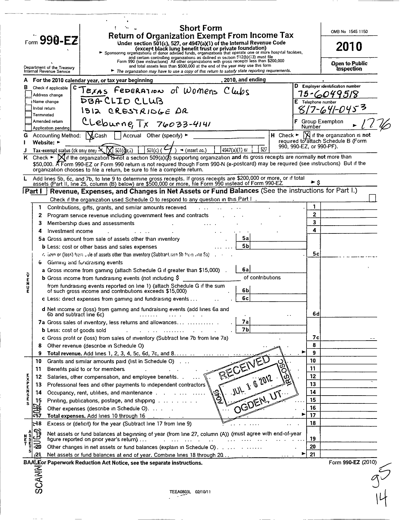 Image of first page of 2010 Form 990EO for Texas Federation of Womens Clubs / Clio Club