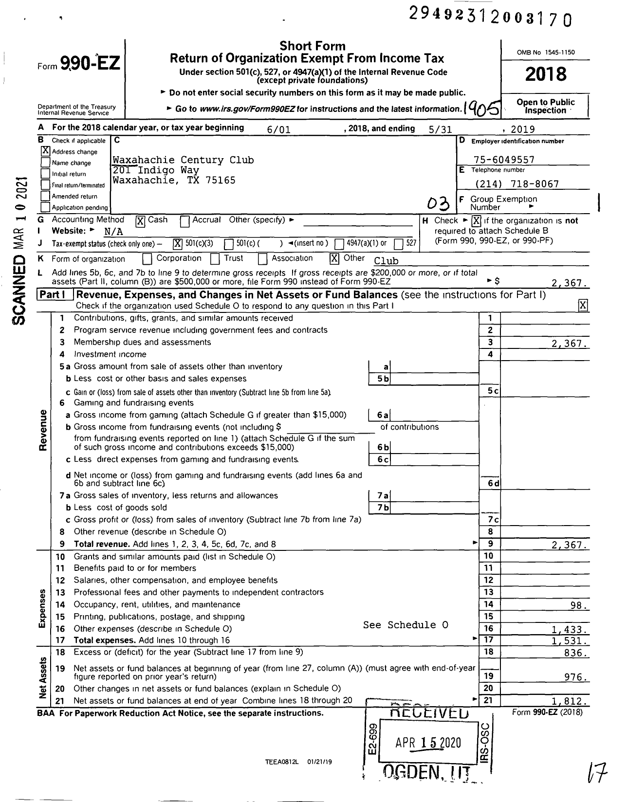 Image of first page of 2018 Form 990EZ for Texas Federation Of Womens Clubs / Waxahachie Century Club