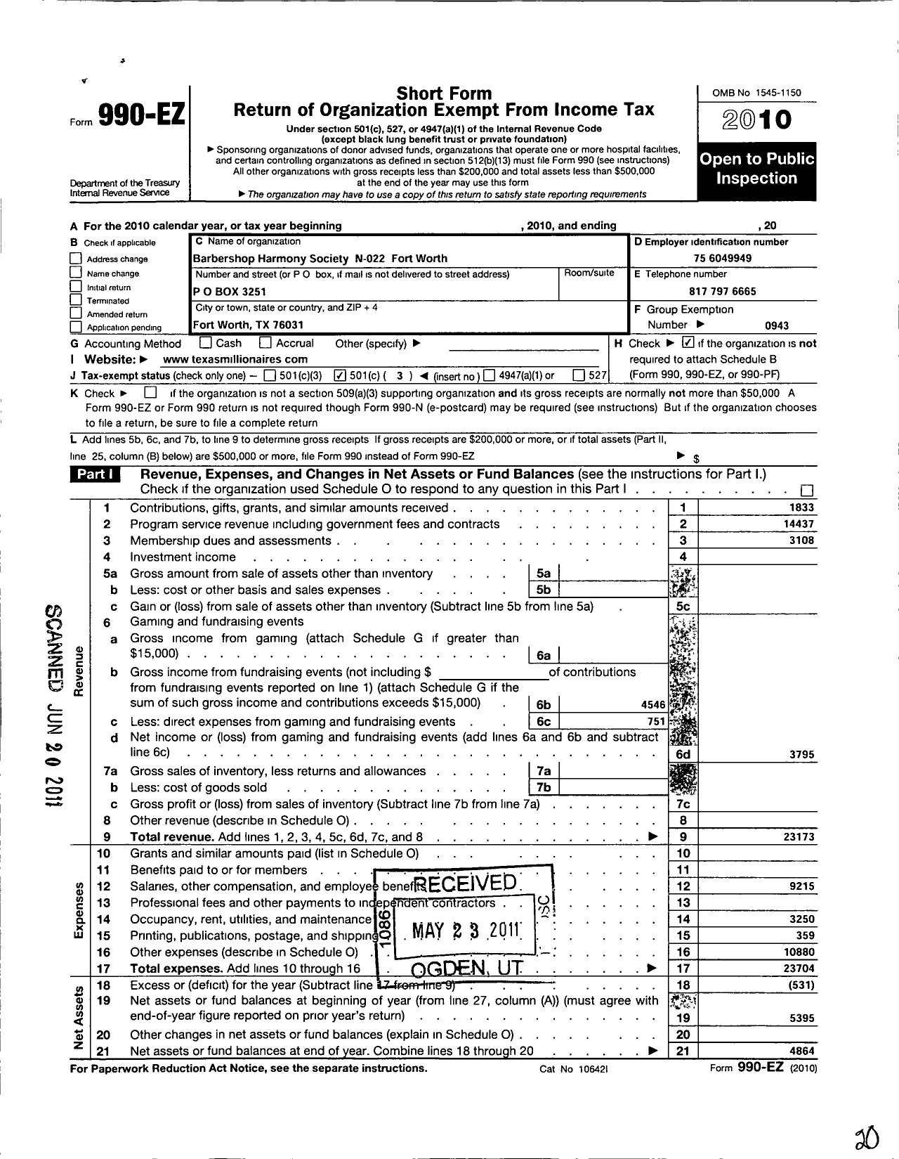 Image of first page of 2010 Form 990EZ for Barbershop Harmony Society - N022 Fort Worth