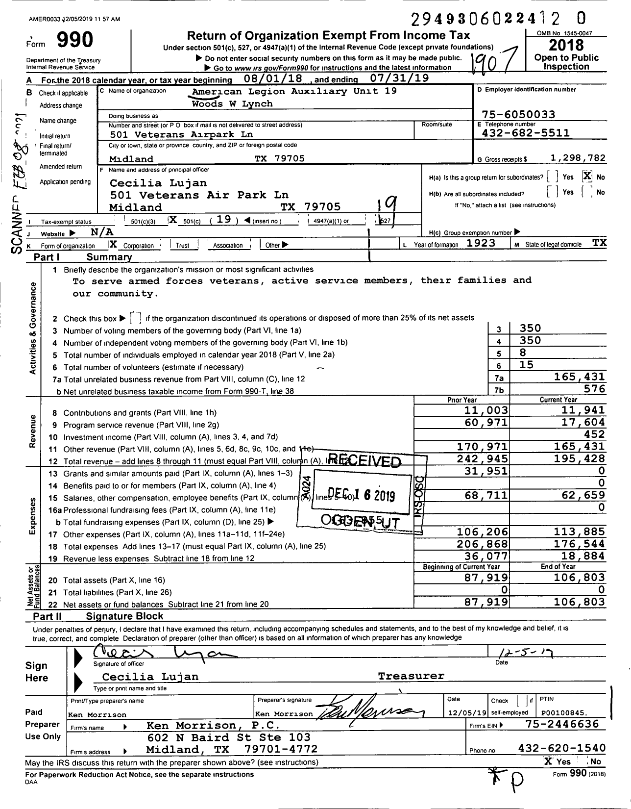 Image of first page of 2018 Form 990O for American Legion Auxiliary - 19 Woods W Lynch