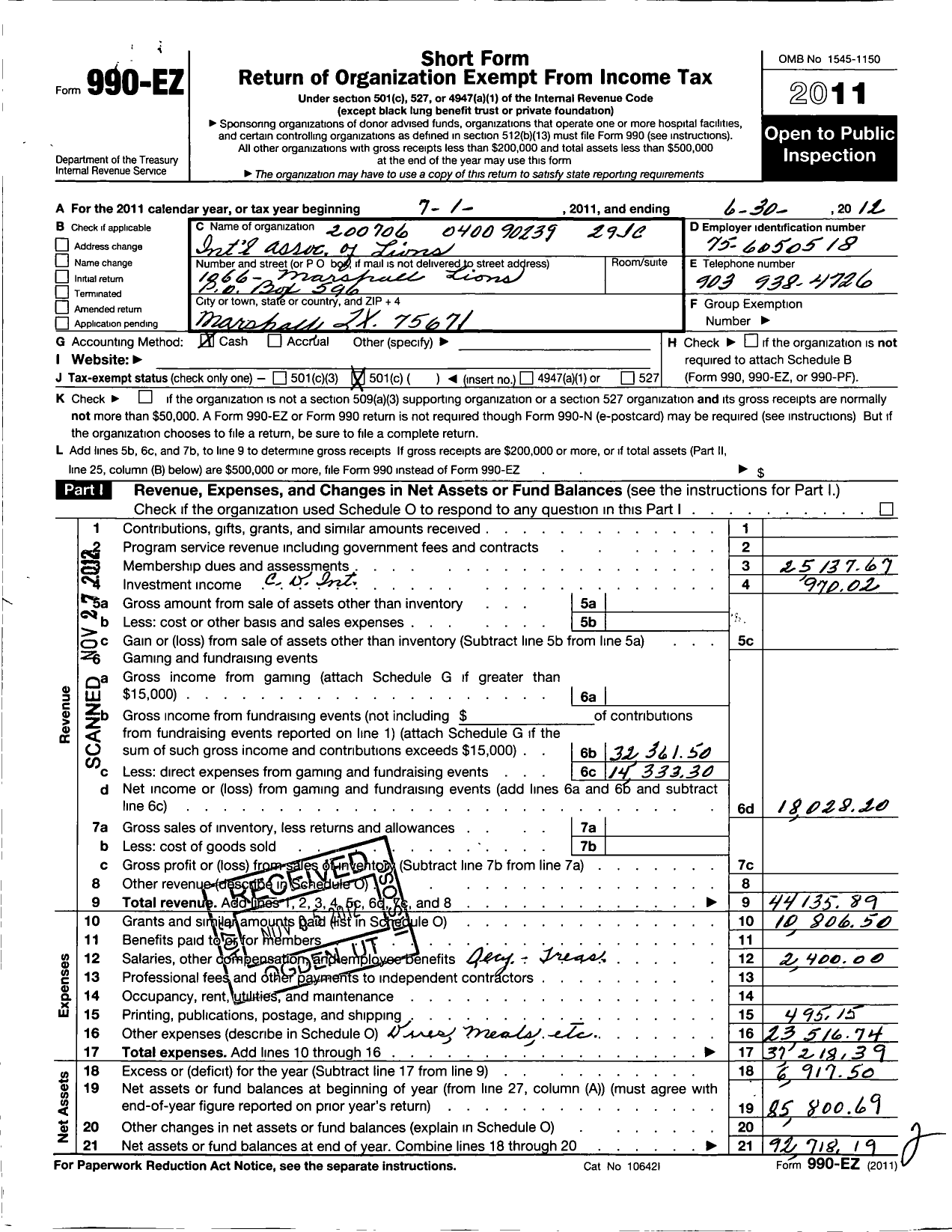 Image of first page of 2011 Form 990EO for Lions Clubs - 1066 Marshall