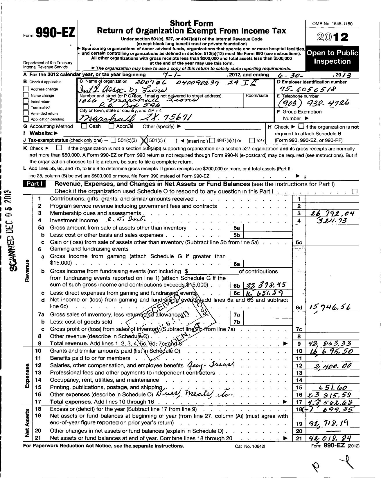 Image of first page of 2012 Form 990EO for Lions Clubs - 1066 Marshall