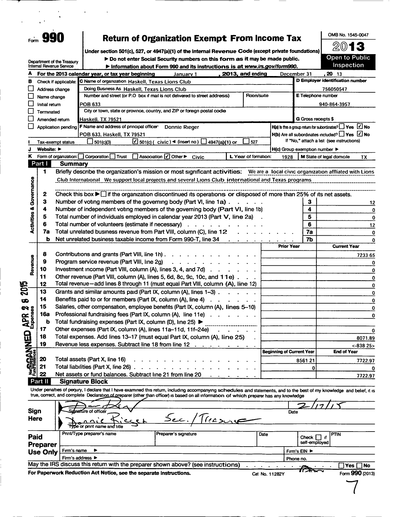 Image of first page of 2013 Form 990O for The Lions Club of Haskell